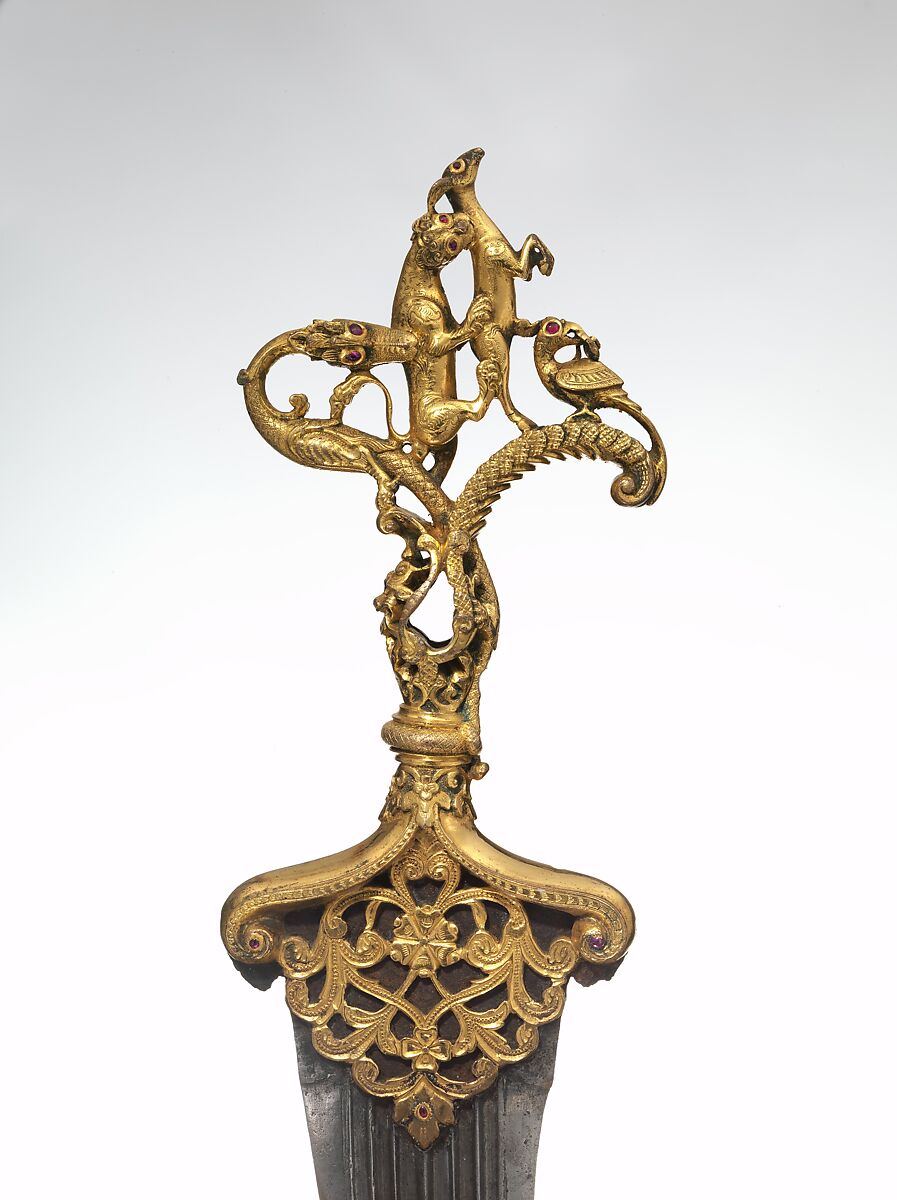 Dagger with Zoomorphic Hilt, Hilt: copper; cast, chased, gilded, and inlaid with rubies.
Blade: steel; forged