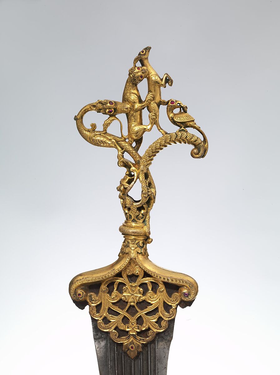 Dagger with Zoomorphic Hilt, Hilt: copper; cast, chased, gilded, and inlaid with rubies.
Blade: steel; forged