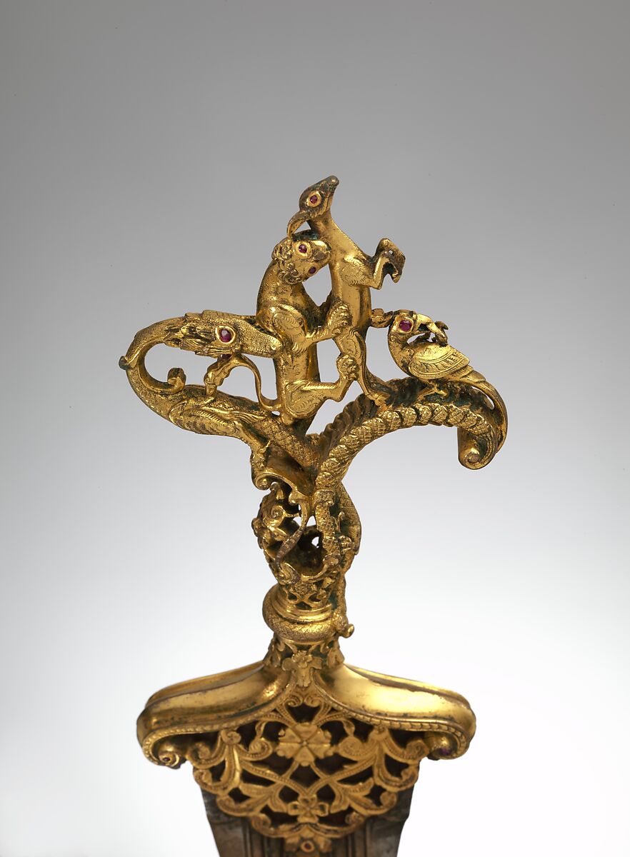 Dagger with Zoomorphic Hilt, Hilt: copper; cast, chased, gilded, and inlaid with rubies.
Blade: steel; forged