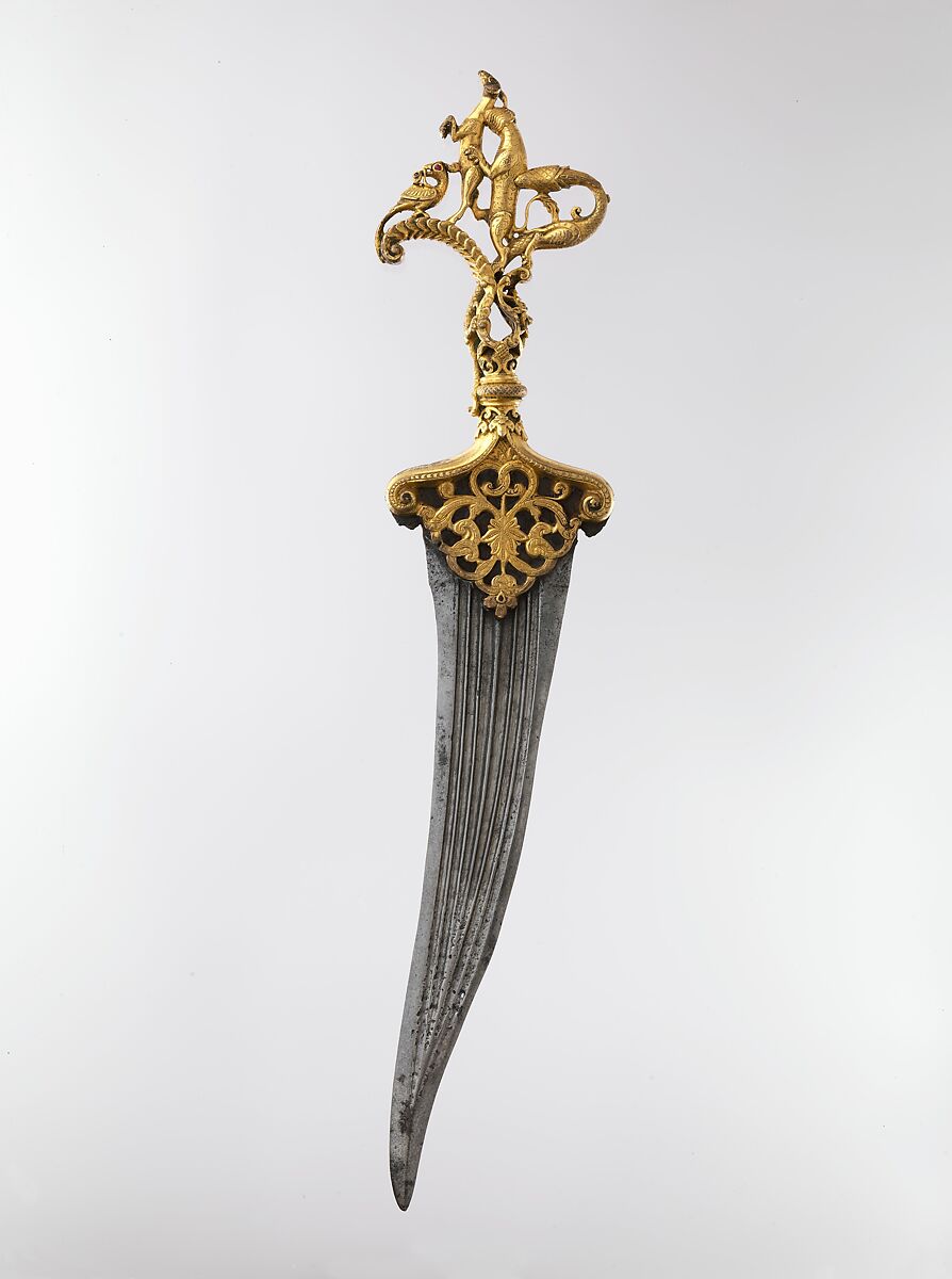 Dagger with Zoomorphic Hilt, Hilt: copper; cast, chased, gilded, and inlaid with rubies.
Blade: steel; forged