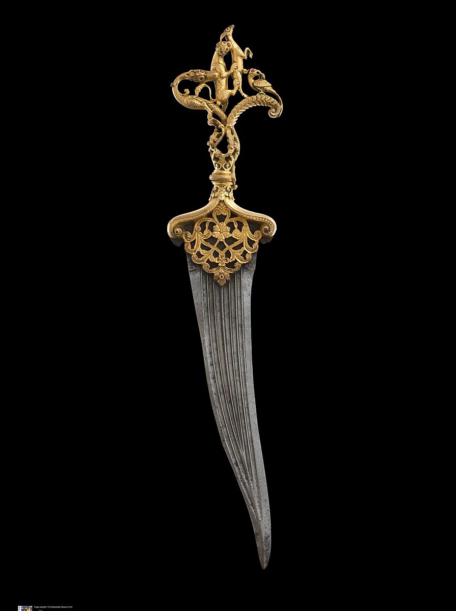 Dagger with Zoomorphic Hilt, Hilt: copper; cast, chased, gilded, and inlaid with rubies.
Blade: steel; forged