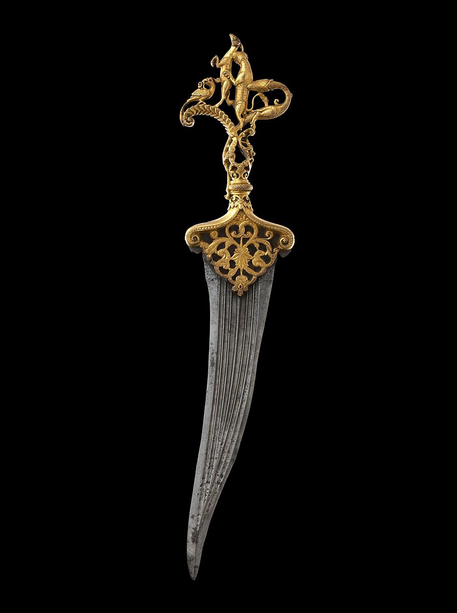 Dagger with Zoomorphic Hilt, Hilt: copper; cast, chased, gilded, and inlaid with rubies.
Blade: steel; forged