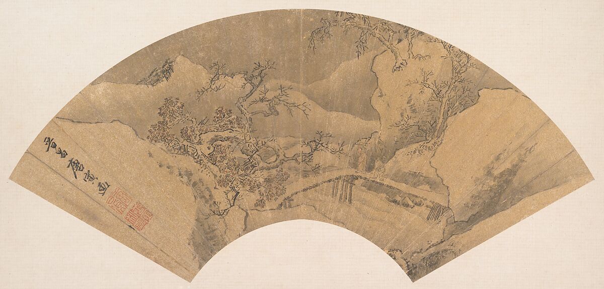 Winter Landscape, Unidentified artist, Folding fan mounted as an album leaf; ink and color on gold-flecked paper, China 
