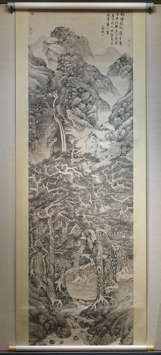 Recluse playing the zither in a pine grove, Wen Zhengming (Chinese, 1470–1559), Hanging scroll; ink on paper, China 