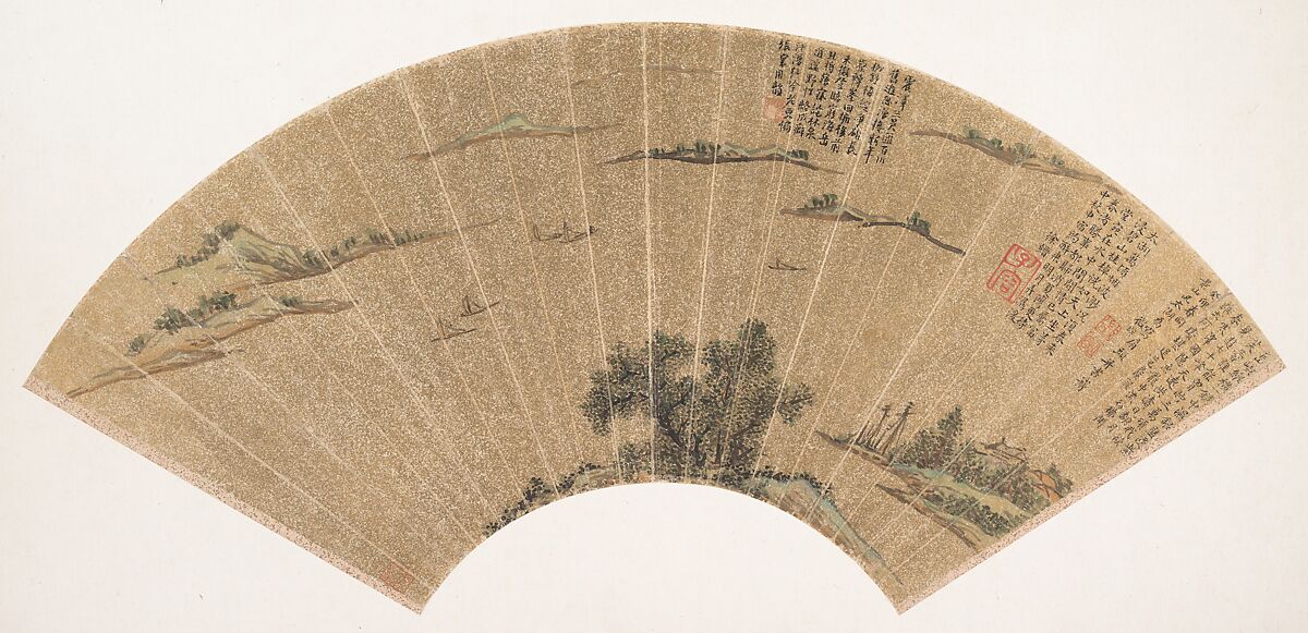 View of Lake Tai, Wen Zhengming (Chinese, 1470–1559), Folding fan mounted as an album leaf; ink and color on gold-flecked paper, China 