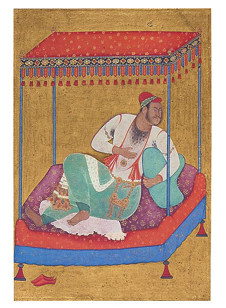 Portrait of an Ahmadnagar Ruler Reclining beneath a Takht (seat), Attributed to the Paris Painter, Ink, opaque watercolor, and gold on paper 