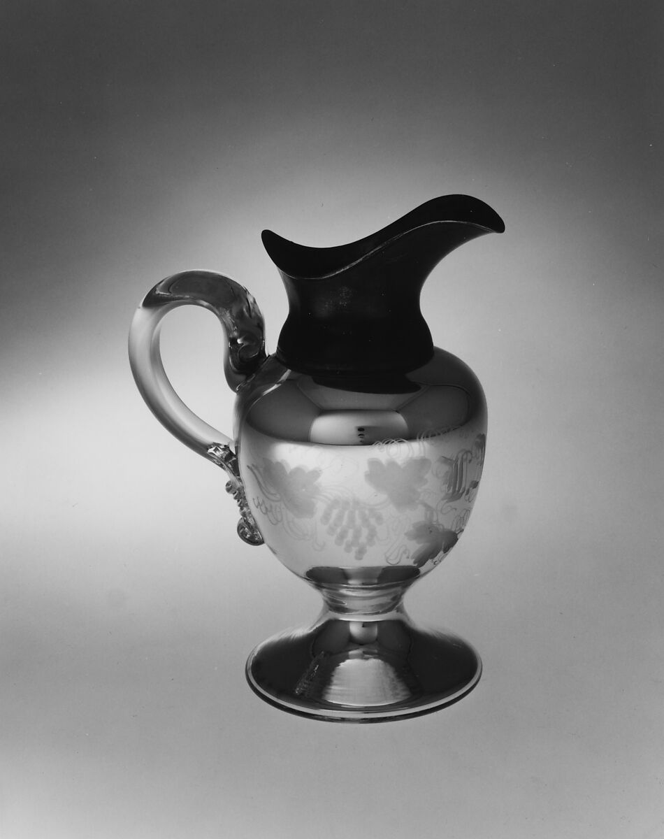 Jug, Boston Silver Glass Company (1857–1871), Free-blown silvered and colorless glass, pewter, American 