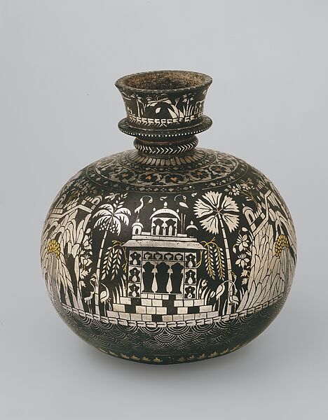 Bidri Huqqa (Water Pipe) Base with a Meandering Riverside Landscape, Zinc alloy inlaid with brass and silver 