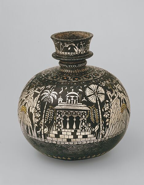Bidri Huqqa (Water Pipe) Base with a Meandering Riverside Landscape, Zinc alloy inlaid with brass and silver
