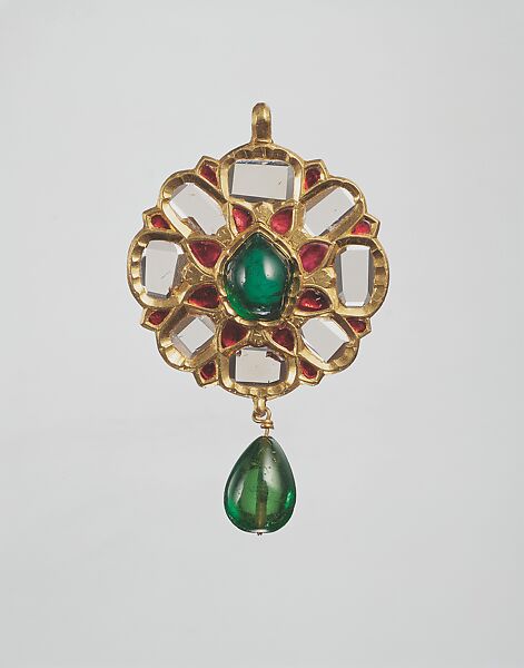 Floral Pendant in the Form of an Eight-Pointed Star, Fabricated from gold; worked in kundan technique and set with diamonds, rubies and emeralds; with pendant emerald bead 