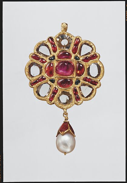 Octagonal Rosette Pendant, Fabricated from gold; worked in kundan technique and set with diamonds, rubies and emeralds; with pendant pearl and enameled cap 