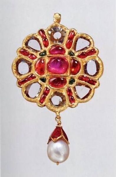 Octagonal Rosette Pendant, Fabricated from gold; worked in kundan technique and set with diamonds, rubies and emeralds; with pendant pearl and enameled cap