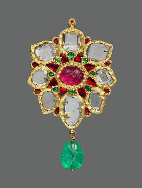 Floral Pendant with Upswept Petals, Fabricated from gold; worked in kundan technique and set with diamonds, rubies and emeralds; with pendant emerald bead 