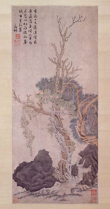 Old Wisteria among Trees and Rocks, Unidentified artist, Hanging scroll; ink and color on paper, China 