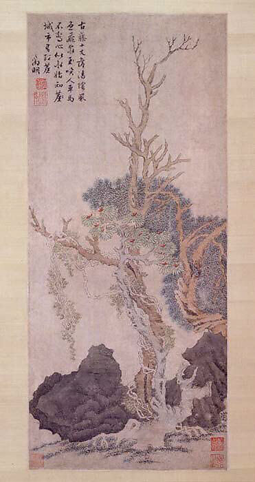 Old Wisteria among Trees and Rocks, Unidentified artist, Hanging scroll; ink and color on paper, China