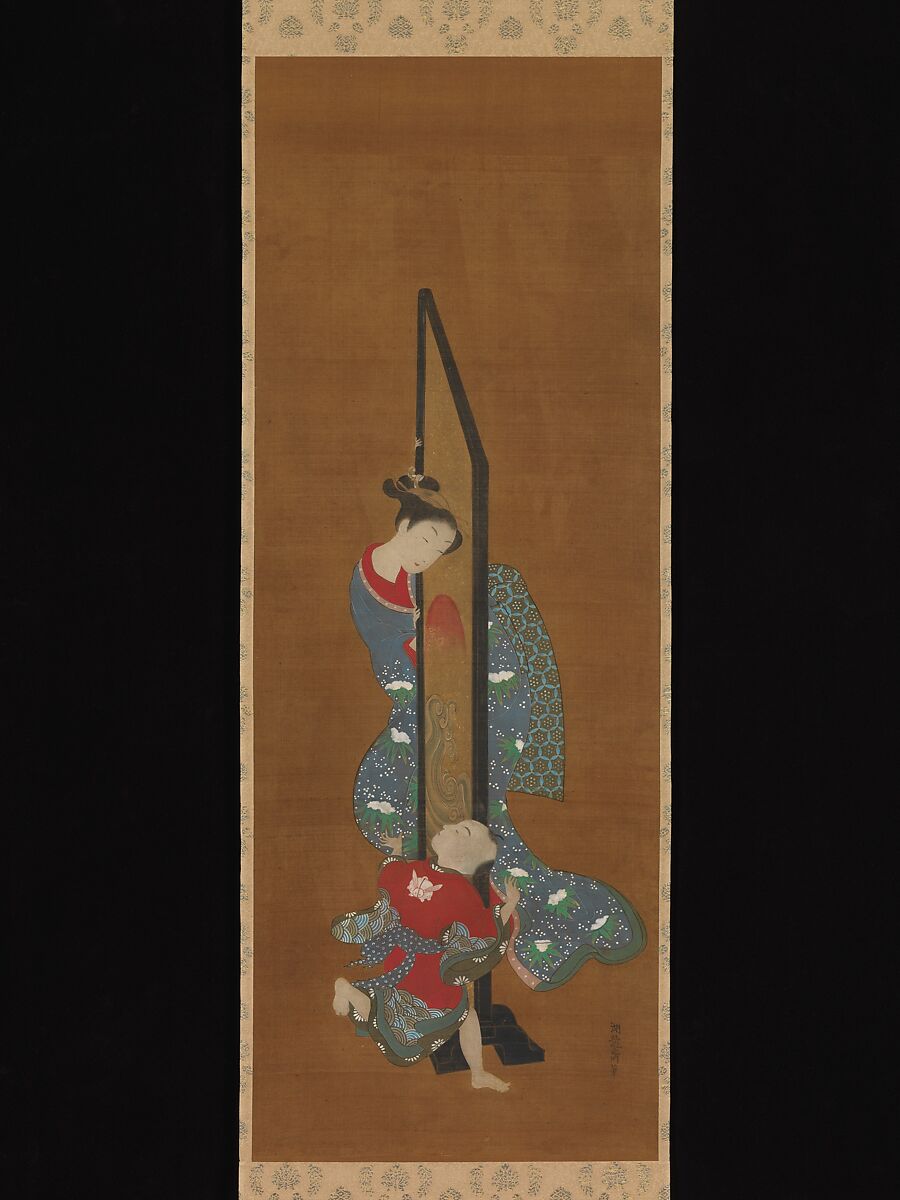 Mother and Child at Play, Isoda Koryūsai (Japanese, 1735–ca. 1790), Hanging scroll; ink and color on silk, Japan 