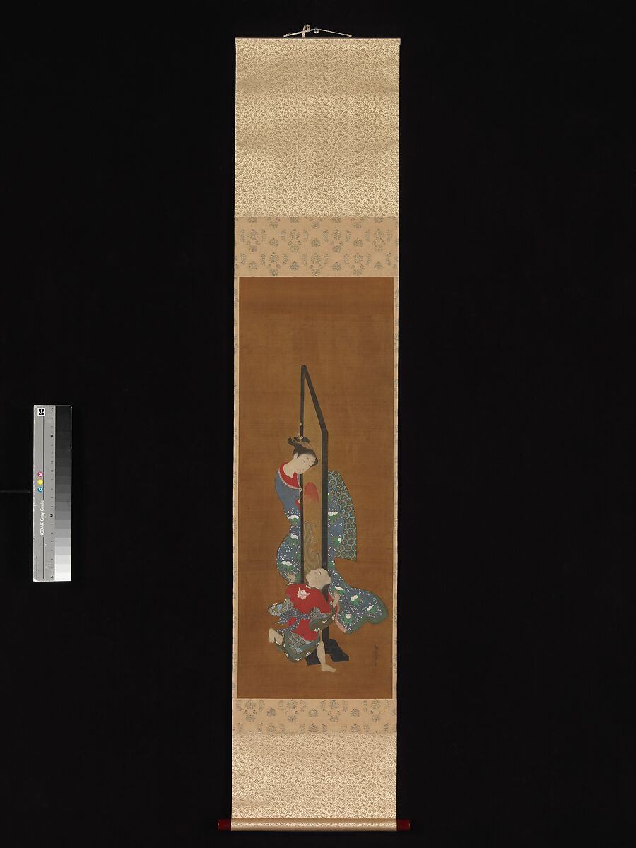 Mother and Child at Play, Isoda Koryūsai (Japanese, 1735–1790), Hanging scroll; ink and color on silk, Japan