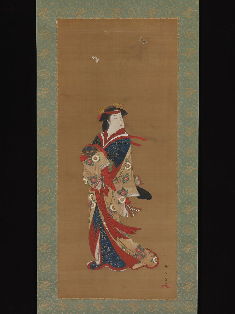 Beauty with Butterflies, Katsukawa Shunshō　勝川春章 (Japanese, 1726–1792), Hanging scroll; ink and color on silk, Japan 