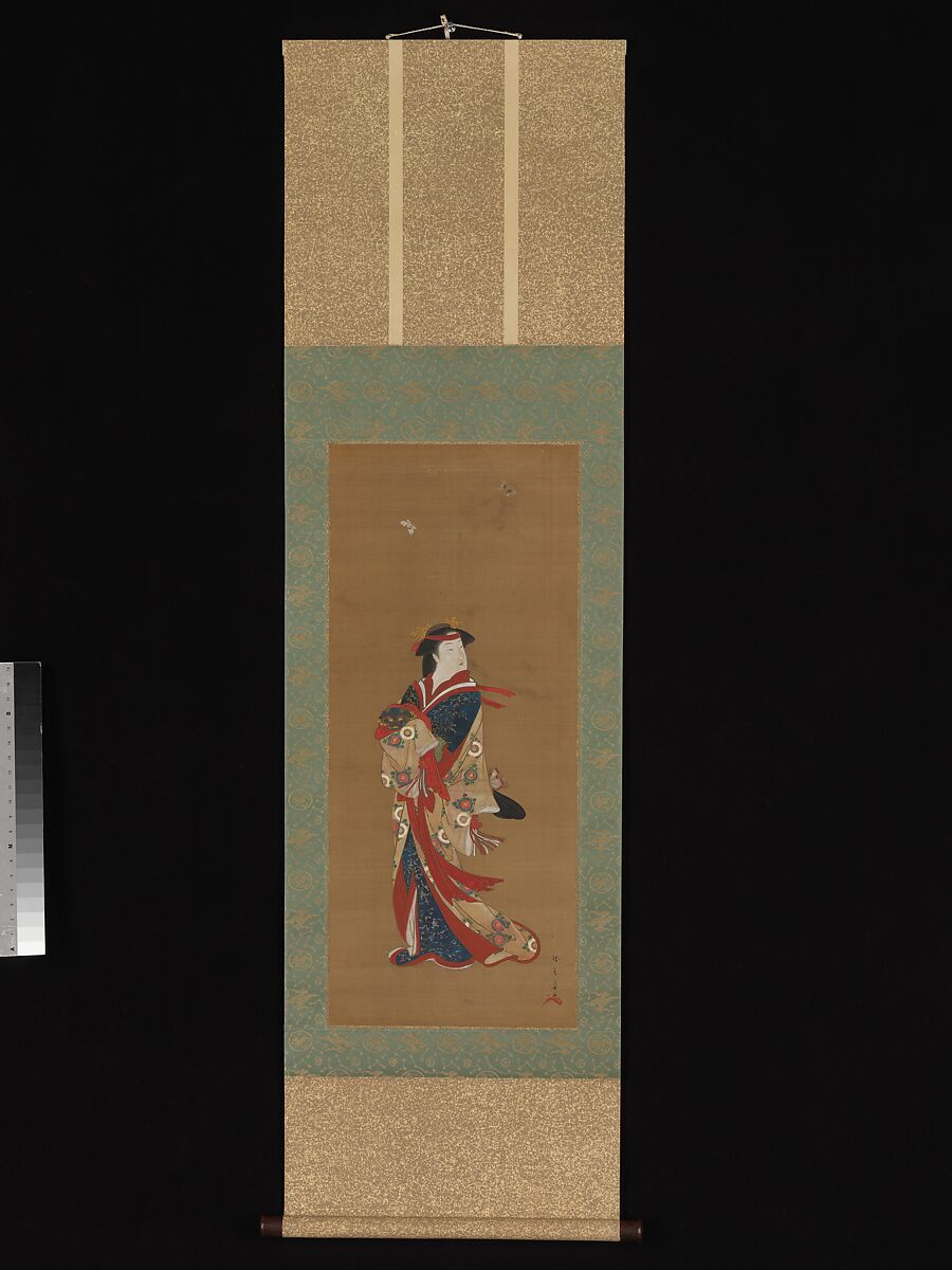 Beauty with Butterflies, Katsukawa Shunshō　勝川春章 (Japanese, 1726–1792), Hanging scroll; ink and color on silk, Japan
