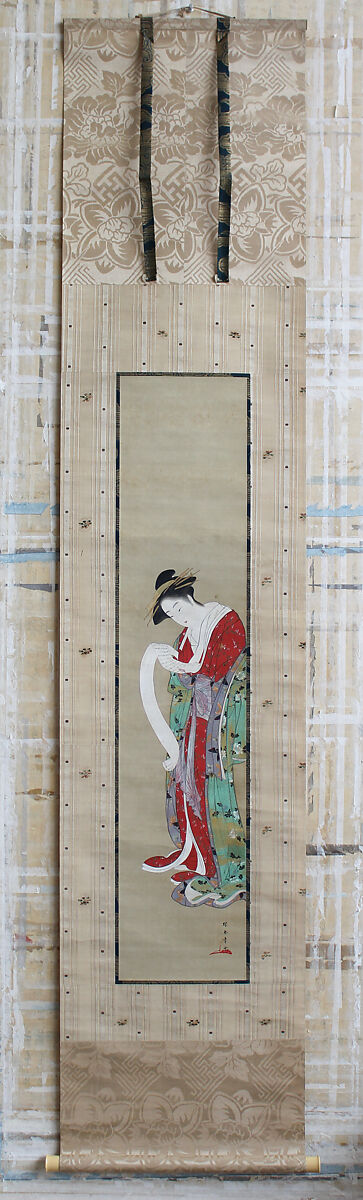 Courtesan Reading a Letter, Katsukawa Shunshō　勝川春章 (Japanese, 1726–1792), Hanging scroll; ink and color on silk, Japan 