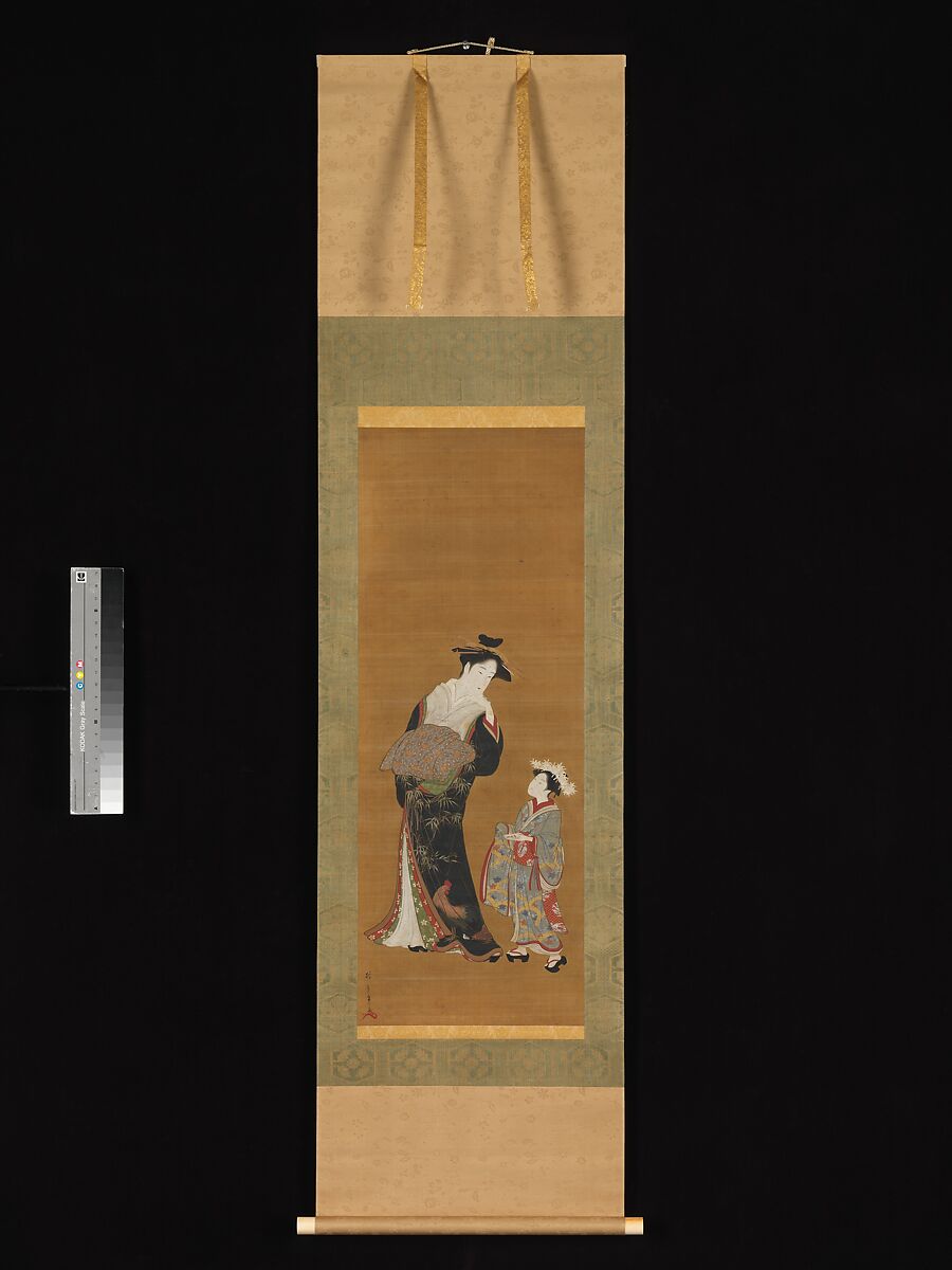 Courtesan and Her Attendant, Katsukawa Shunshō　勝川春章 (Japanese, 1726–1792), Hanging scroll; ink and color on silk, Japan