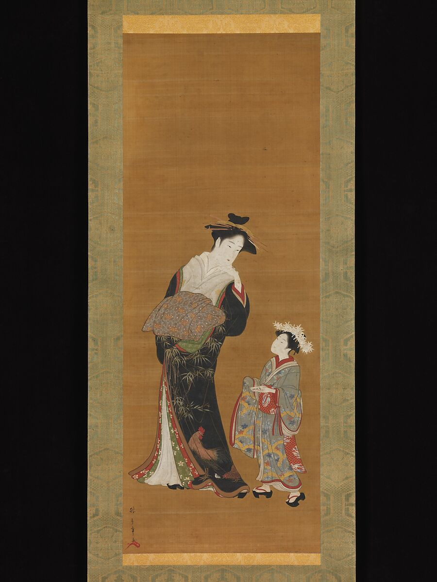 Courtesan and Her Attendant, Katsukawa Shunshō　勝川春章 (Japanese, 1726–1792), Hanging scroll; ink and color on silk, Japan 