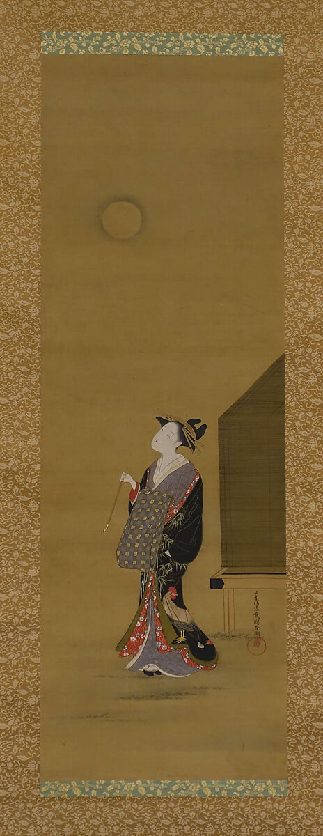 Beauty Looking at the Moon, Katsukawa Shunchō (Japanese, active ca. 1783–95), Hanging scroll; ink and color on silk, Japan