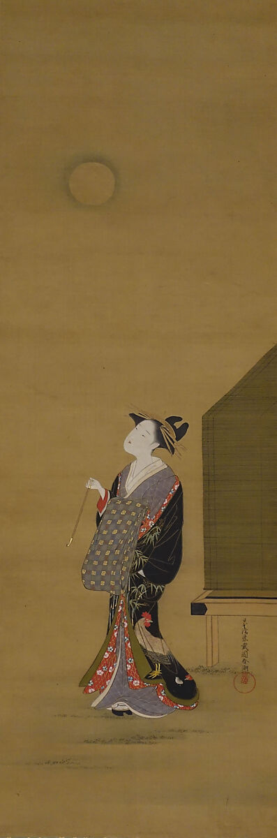 Beauty Looking at the Moon, Katsukawa Shunchō (Japanese, active ca. 1783–95), Hanging scroll; ink and color on silk, Japan 