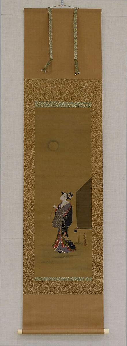 Beauty Looking at the Moon, Katsukawa Shunchō (Japanese, active ca. 1783–95), Hanging scroll; ink and color on silk, Japan