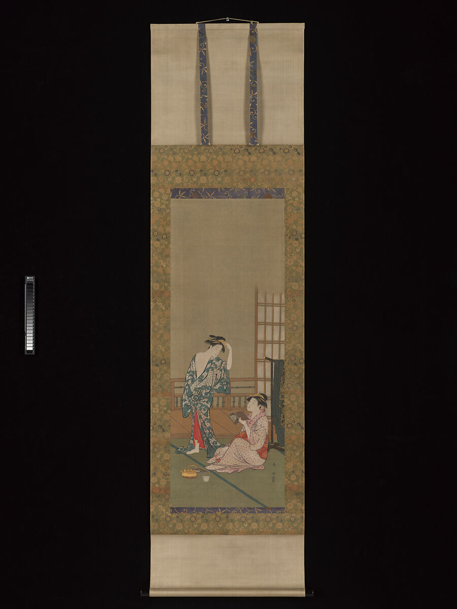 Two Beauties after the Bath, Torii Kiyonaga (Japanese, 1752–1815), Hanging scroll; ink and color on silk, Japan
