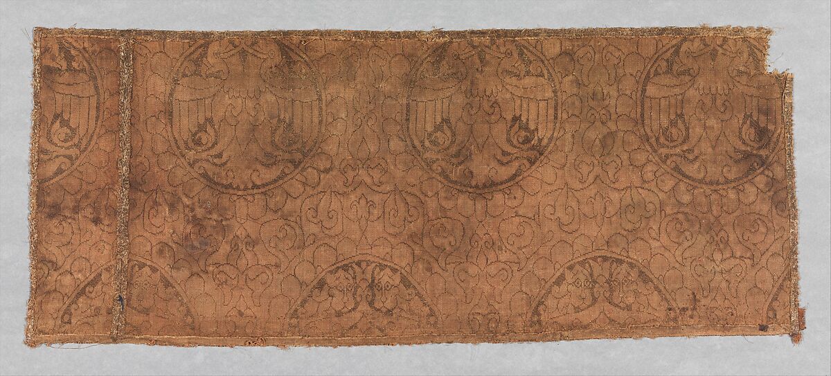 Textile Fragment with Double-Headed Eagles and Facing Lions, Silk, gilded animal substrate around a silk core; plain and twill weave (lampas)