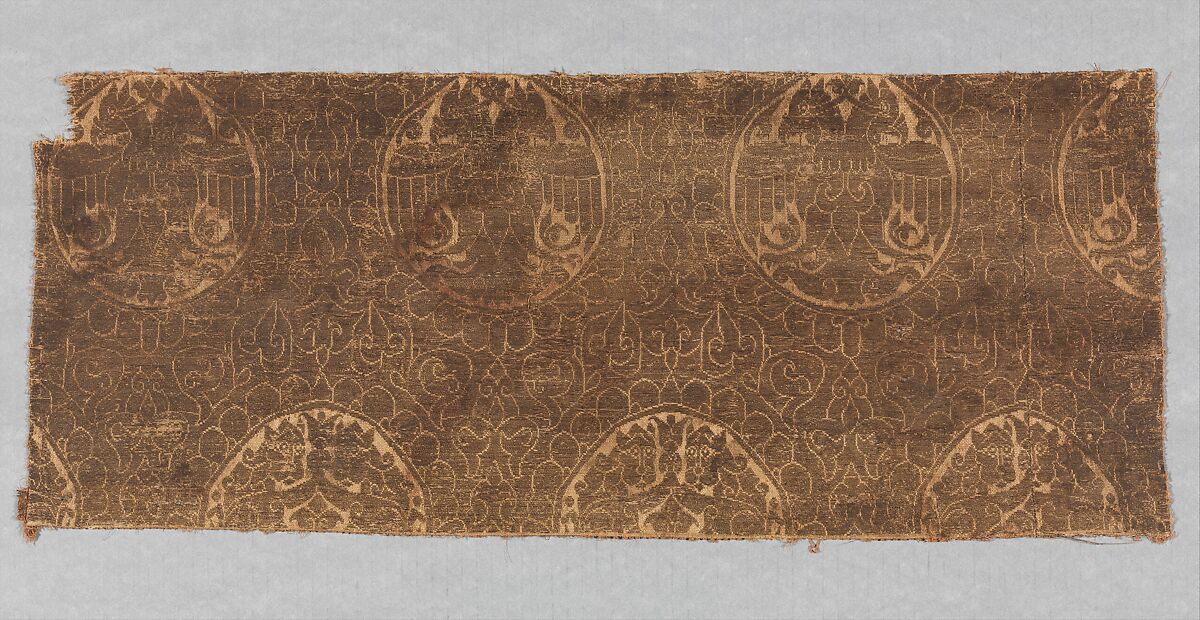 Textile Fragment with Double-Headed Eagles and Facing Lions, Silk, gilded animal substrate around a silk core; plain and twill weave (lampas) 