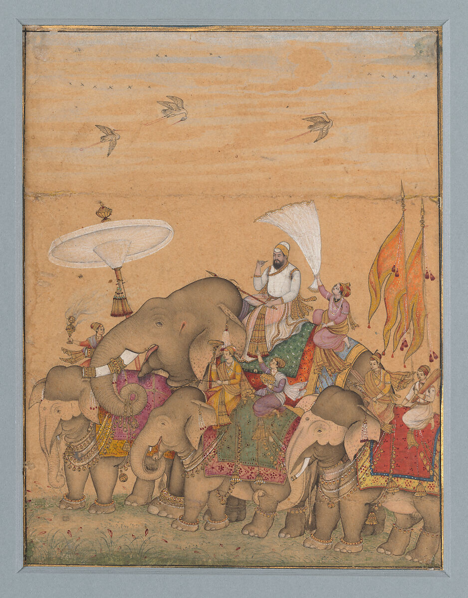 Sultan Ibrahim 'Adil Shah II in Procession, School of &#39;Ali Riza &#39;Abbasi (Indian, active ca. 1600–1650), Opaque watercolor and gold on paper 