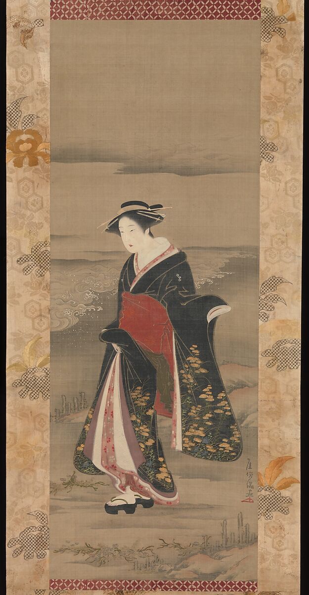 Beauty by the Shore, Kubo Shunman (Japanese, 1757–1820), Hanging scroll; ink and color on paper, Japan 
