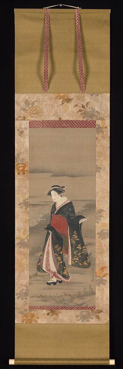 Beauty by the Shore, Kubo Shunman (Japanese, 1757–1820), Hanging scroll; ink and color on paper, Japan