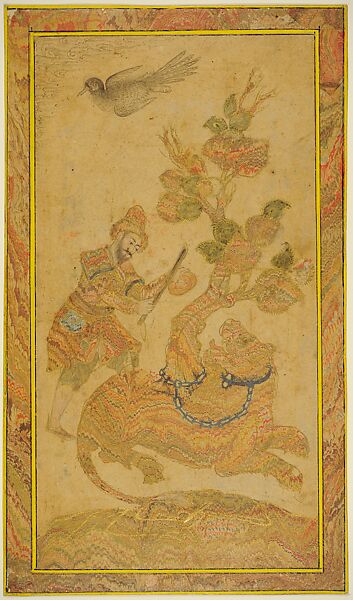 Man with Captive Lion, Ink and opaque watercolor on paper and marbled paper