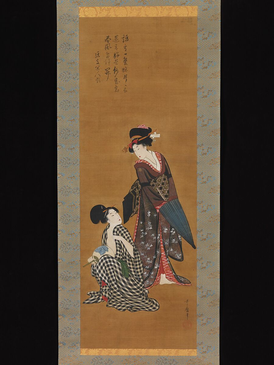 Two Beauties, Kitagawa Utamaro (Japanese, ca. 1754–1806), Hanging scroll; ink and color on silk, Japan 
