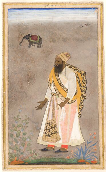Sultan Ibrahim 'Adil Shah II Standing, Attributed to the "Bodleian painter", Ink, opaque watercolor, and gold on paper 