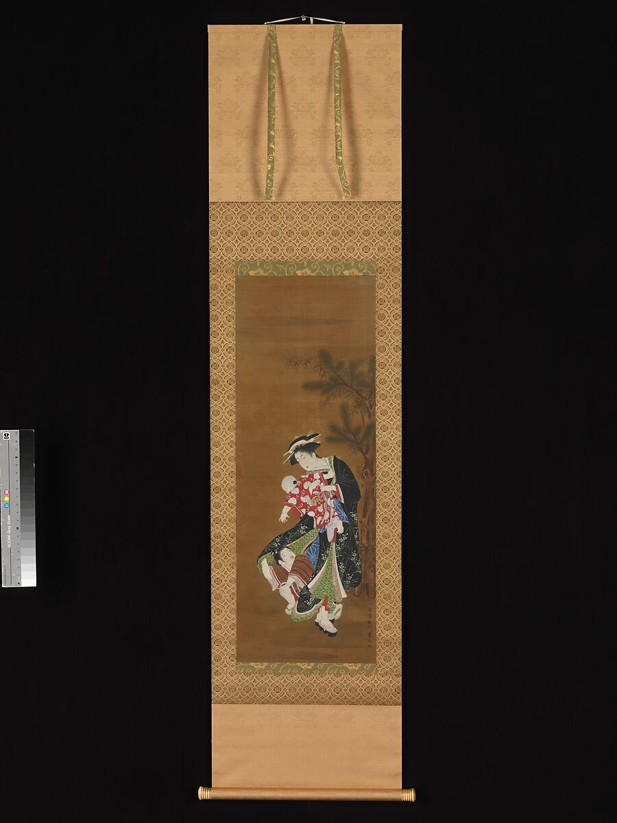 Mother and Children at the New Year, Utagawa Toyoharu (Japanese, 1735–1814), Hanging scroll; ink and color on silk, Japan