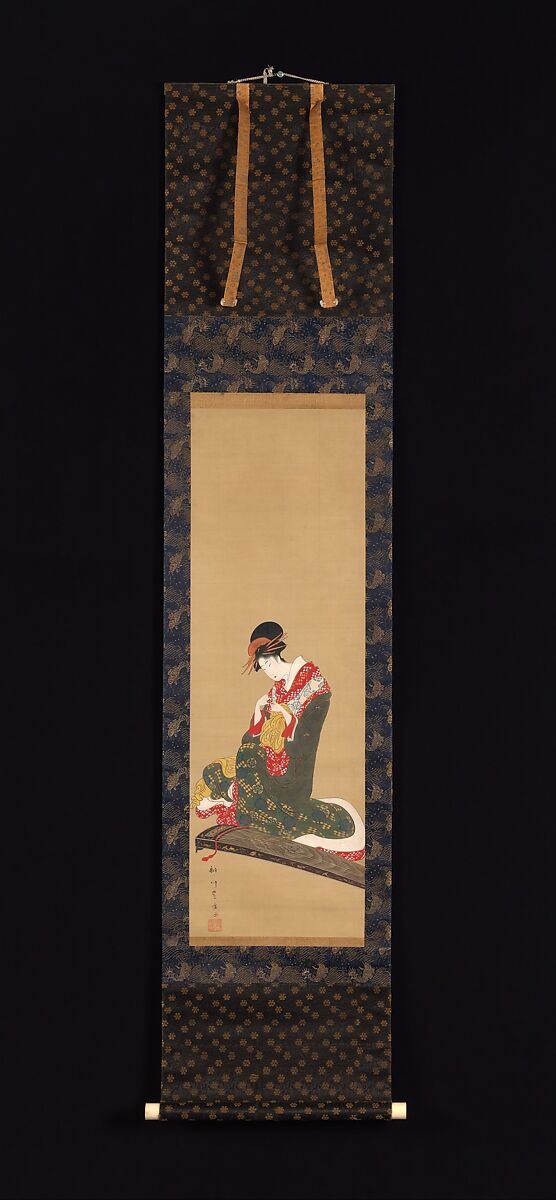 Woman Putting on Finger Plectrums to Play the Koto, Utagawa Toyohiro (Japanese, 1763–1828), Hanging scroll; ink and color on silk, Japan
