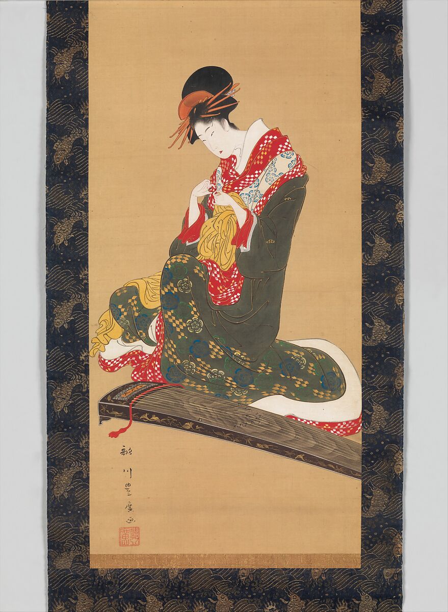 Woman Putting on Finger Plectrums to Play the Koto, Utagawa Toyohiro (Japanese, 1763–1828), Hanging scroll; ink and color on silk, Japan 