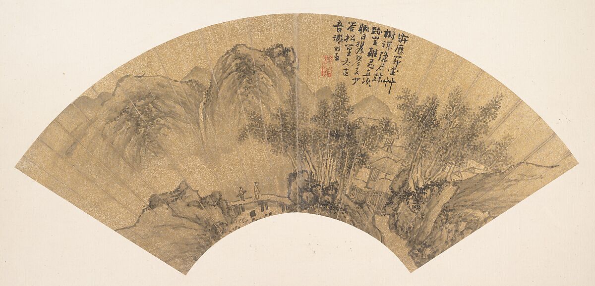 Landscape with Figure, Xie Shichen (Chinese, 1487–ca. 1567), Folding fan mounted as an album leaf; ink on gold paper, China 