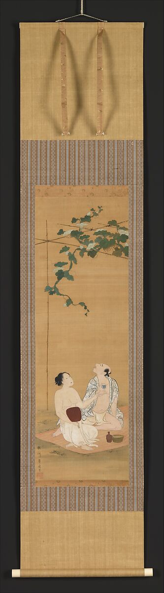 Enjoying the Evening Cool under a Gourd Trellis, Utagawa Toyohiro (Japanese, 1763–1828), Hanging scroll; ink and color on paper, Japan
