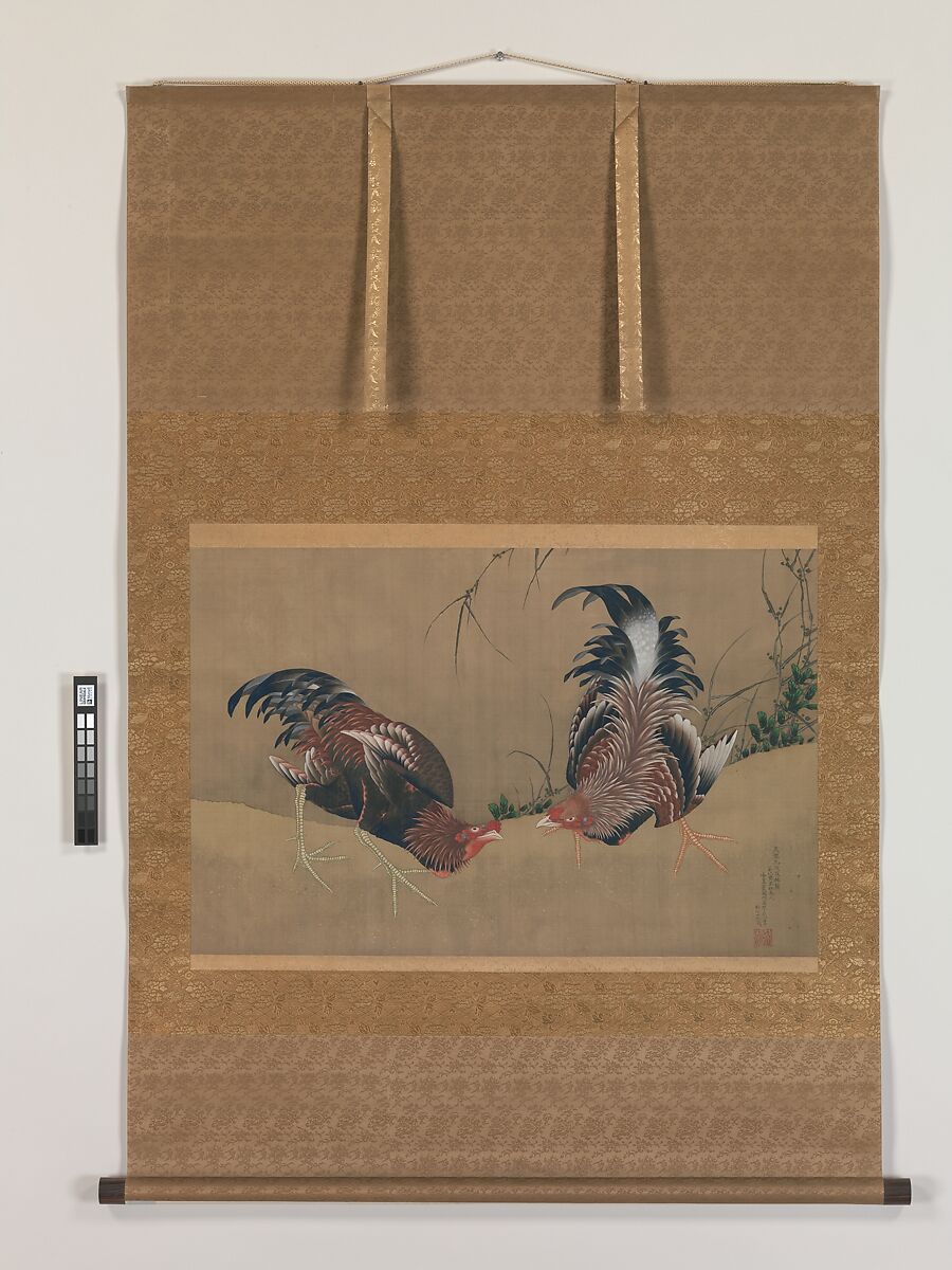 Gamecocks, Katsushika Hokusai (Japanese, Tokyo (Edo) 1760–1849 Tokyo (Edo)), Hanging scroll; ink and color on silk, Japan