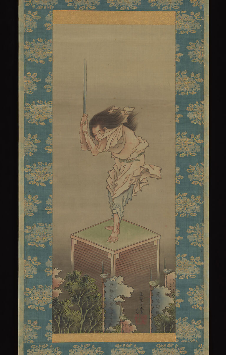 Sword Dancer, Attributed to Katsushika Hokusai (Japanese, Tokyo (Edo) 1760–1849 Tokyo (Edo)), Hanging scroll; ink and color on silk, Japan 