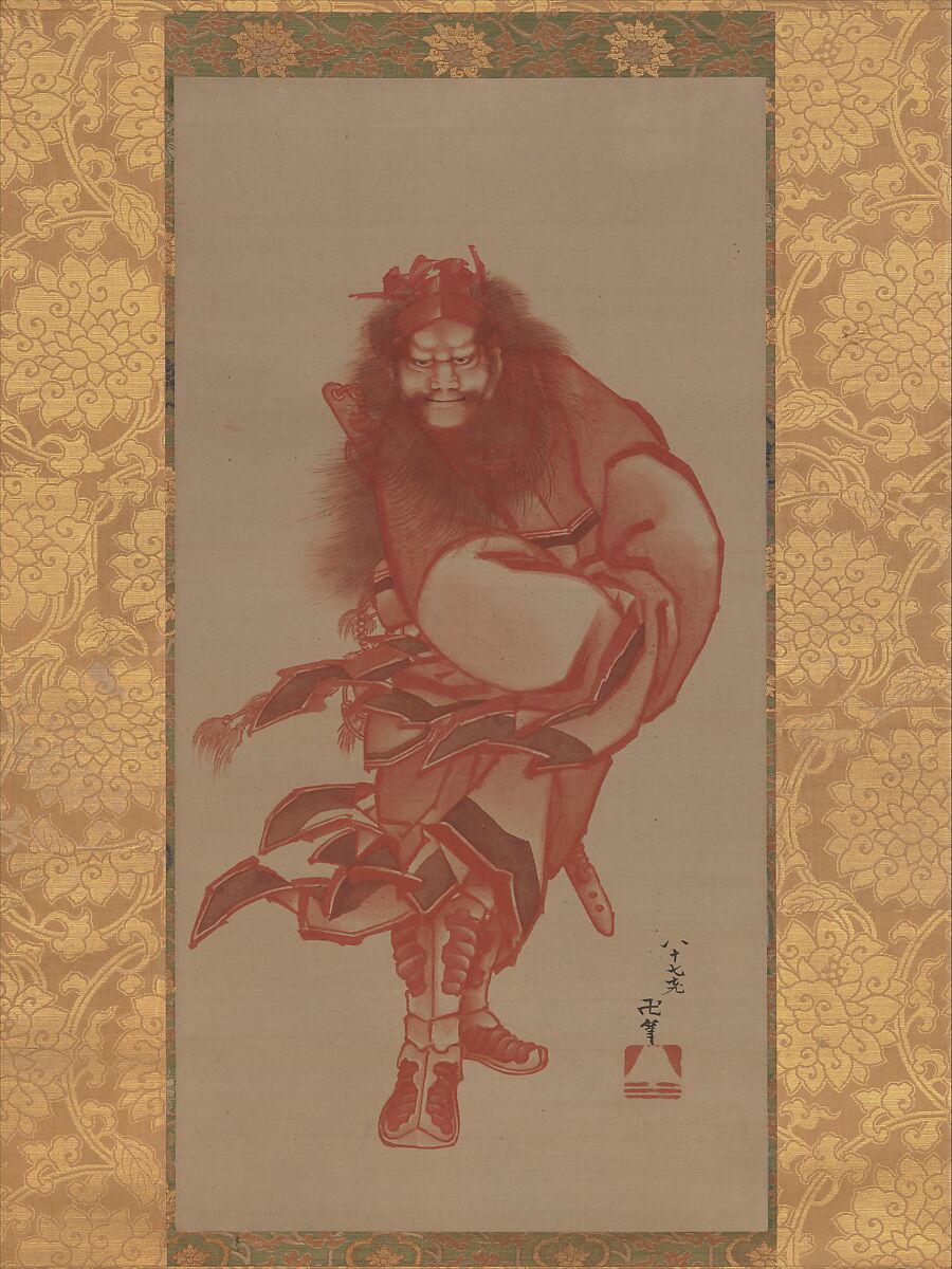 Red Zhong Kui, the Demon Queller, Katsushika Hokusai (Japanese, Tokyo (Edo) 1760–1849 Tokyo (Edo)), Hanging scroll; ink and color on silk, Japan 
