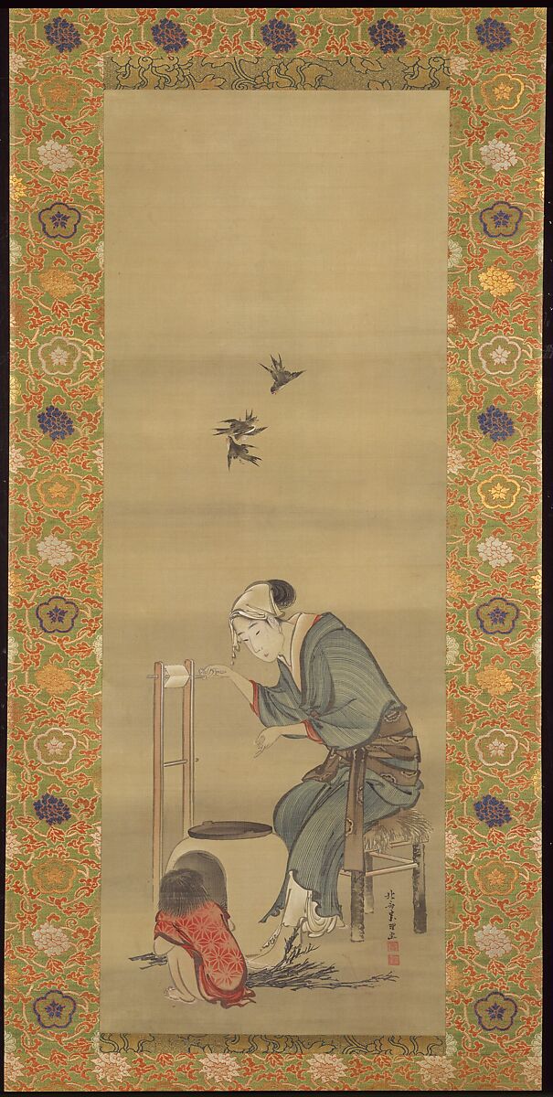 Woman Spinning Silk, Katsushika Hokusai (Japanese, Tokyo (Edo) 1760–1849 Tokyo (Edo)), Hanging scroll; ink and color on silk, Japan 