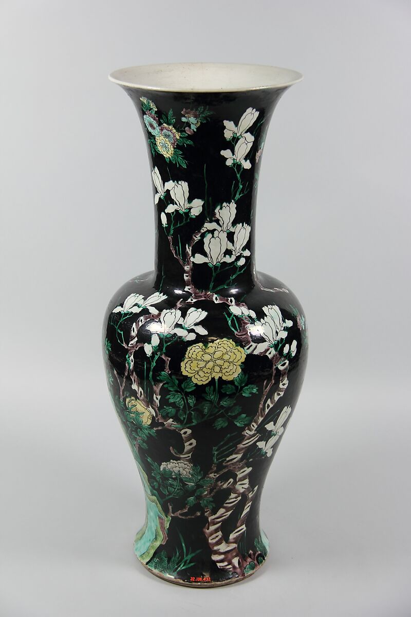 Vase with pheasants, rocks, and flowers, Porcelain painted in overglaze polychrome enamels (Jingdezhen famille noire ware), China 