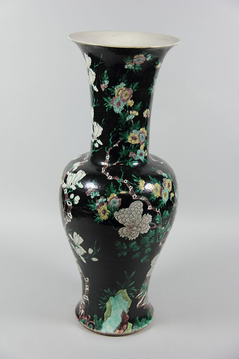 Vase with pheasants, rocks, and flowers, Porcelain painted in overglaze polychrome enamels (Jingdezhen famille noire ware), China