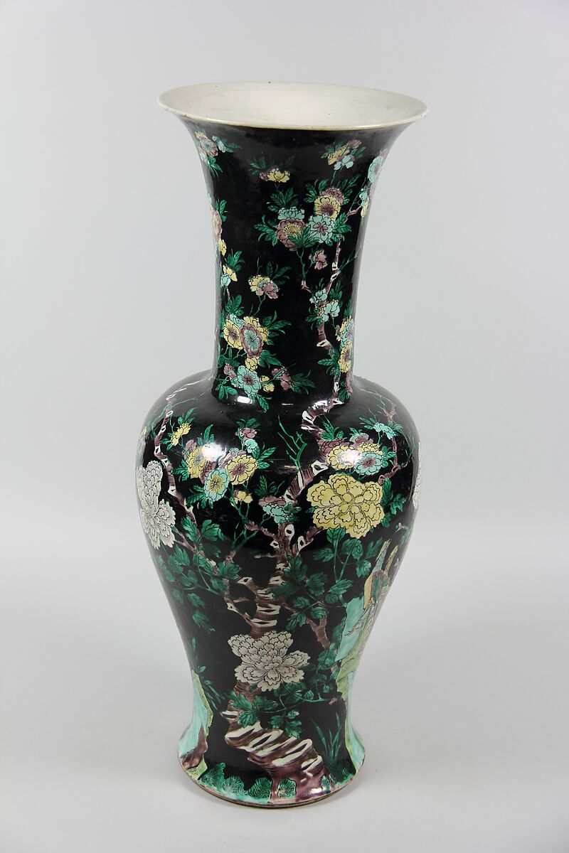 Vase with pheasants, rocks, and flowers, Porcelain painted in overglaze polychrome enamels (Jingdezhen famille noire ware), China